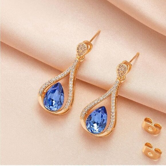 14K Yellow Gold with Blue Sapphire Austrian Crystal Halo Teardrop Post Earrings - Picture 3 of 6